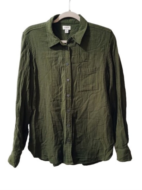 J. Crew Tops - J.Crew Olive Green Cotton Double-Gauze Button-Down Shirt Med